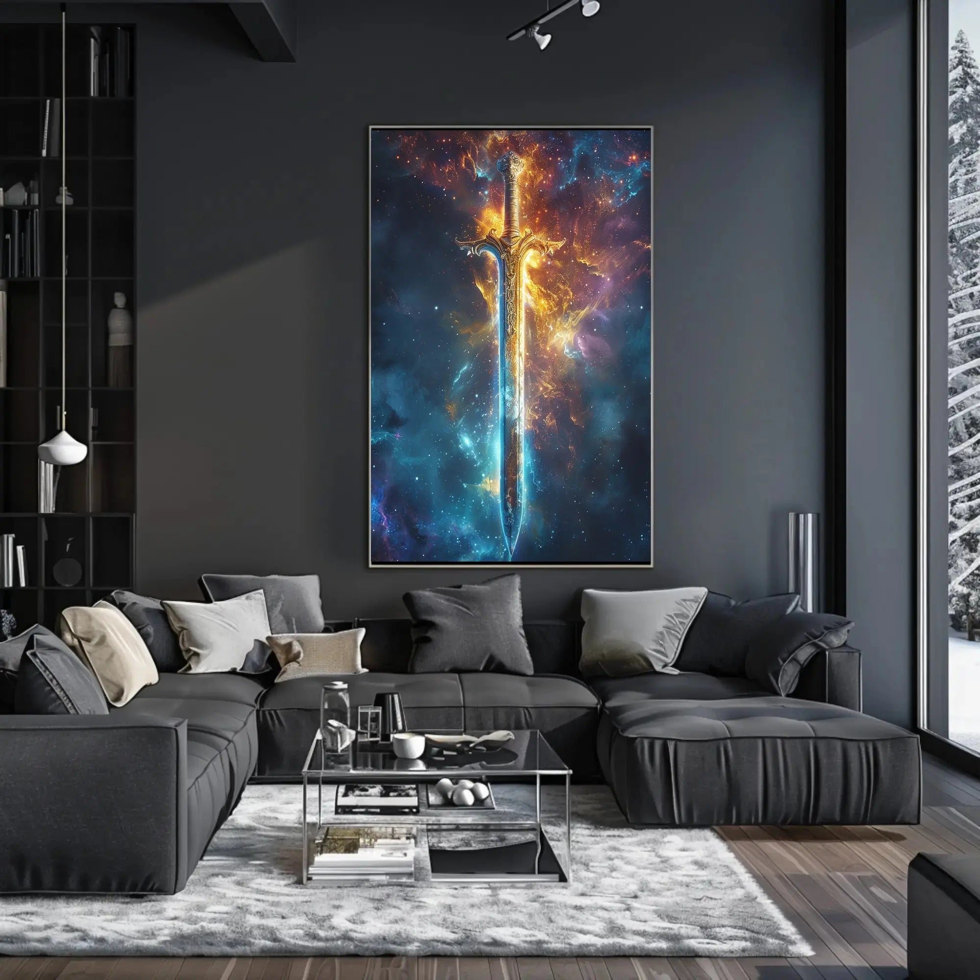 Epic Sword in Cosmic Adventure Fantasy Art Poster PosterGoat