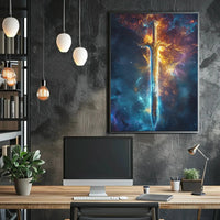 Epic Sword in Cosmic Adventure Fantasy Art Poster PosterGoat