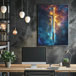 Epic Sword in Cosmic Adventure Fantasy Art Poster PosterGoat