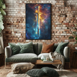 Epic Sword in Cosmic Adventure Fantasy Art Poster PosterGoat