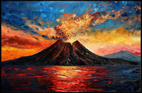 Erupting Volcano Coastal Scene Artistic Poster PosterGoat