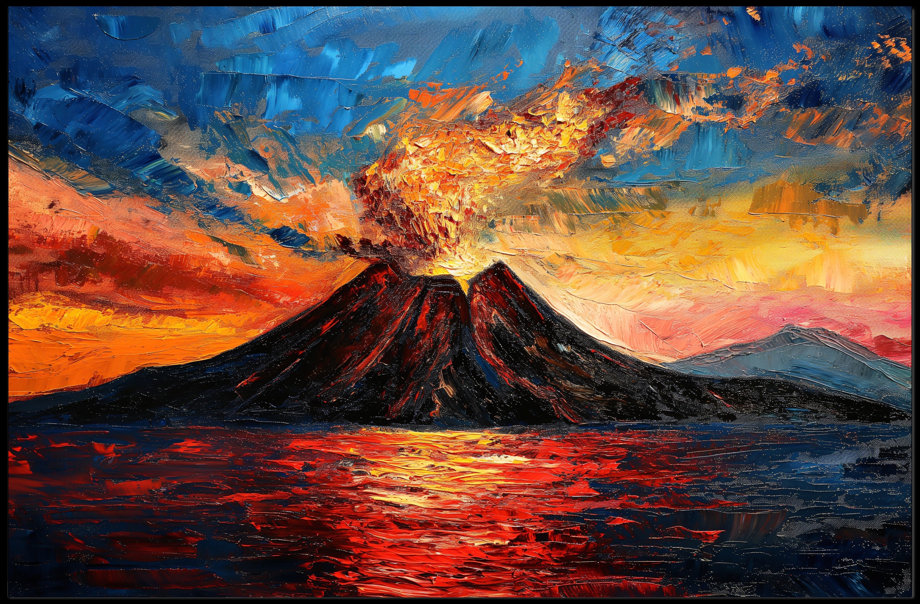 Erupting Volcano Coastal Scene Artistic Poster PosterGoat
