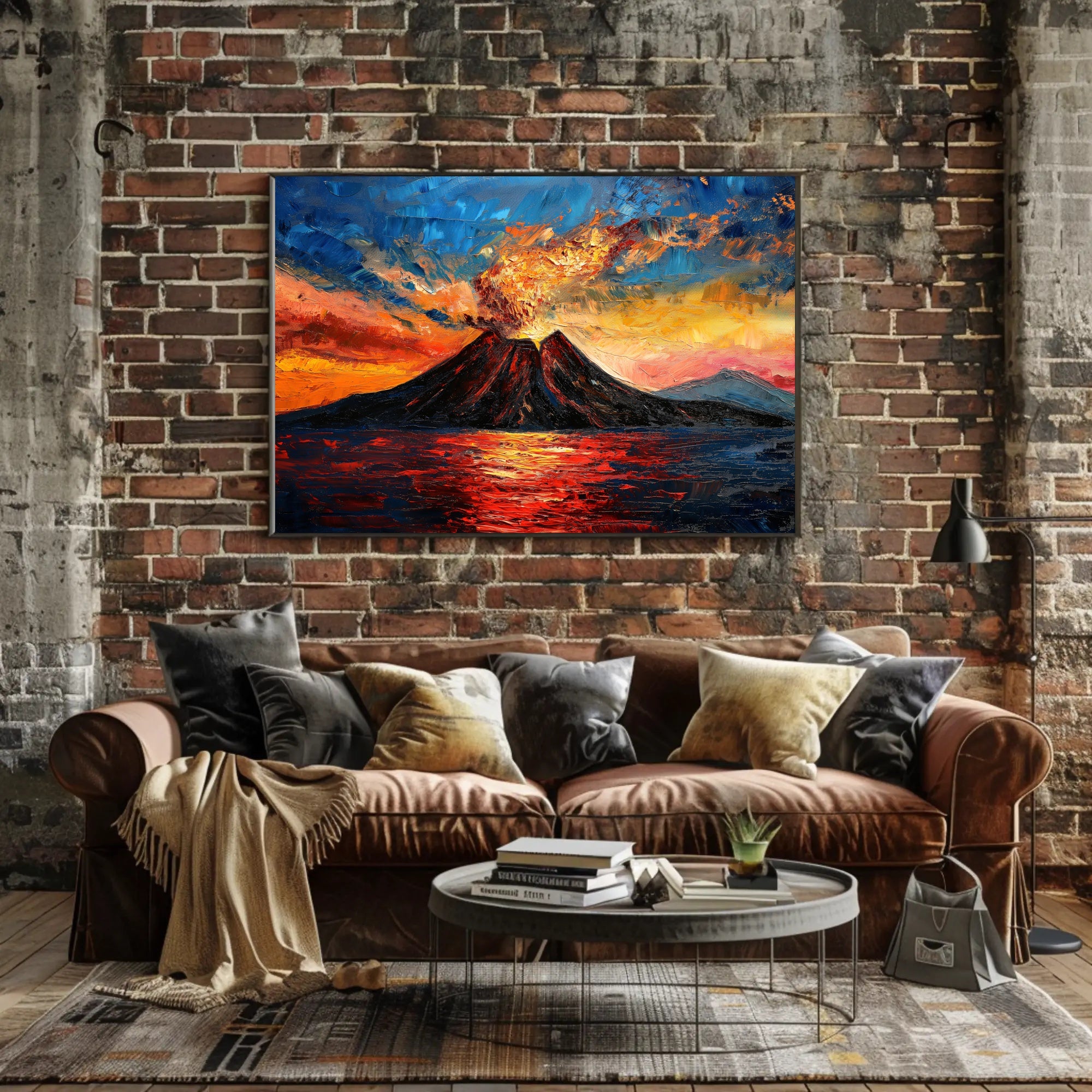 Erupting Volcano Coastal Scene Artistic Poster PosterGoat