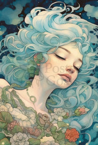 Ethereal Blue-Haired Woman Art Nouveau Fantasy Poster PosterGoat