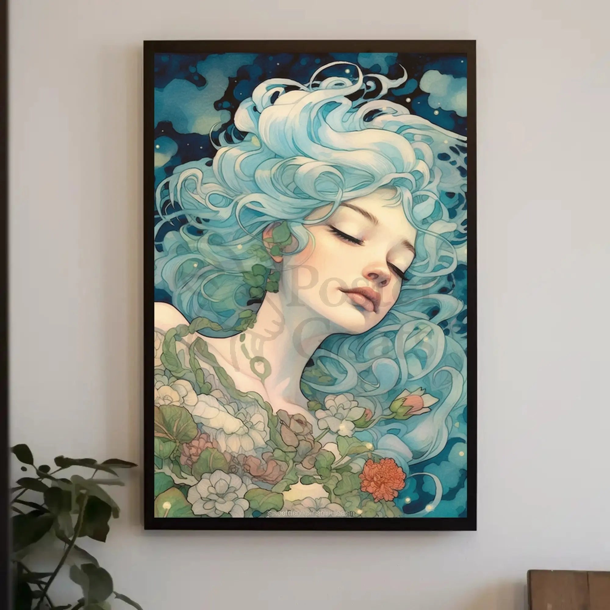 Ethereal Blue-Haired Woman Art Nouveau Fantasy Poster PosterGoat