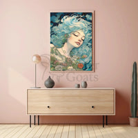Ethereal Blue-Haired Woman Art Nouveau Fantasy Poster PosterGoat
