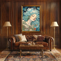 Ethereal Blue-Haired Woman Art Nouveau Fantasy Poster PosterGoat