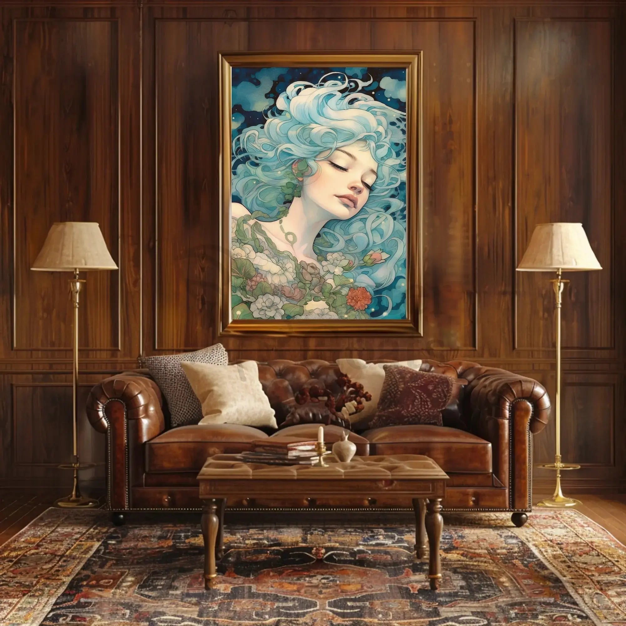 Ethereal Blue-Haired Woman Art Nouveau Fantasy Poster PosterGoat