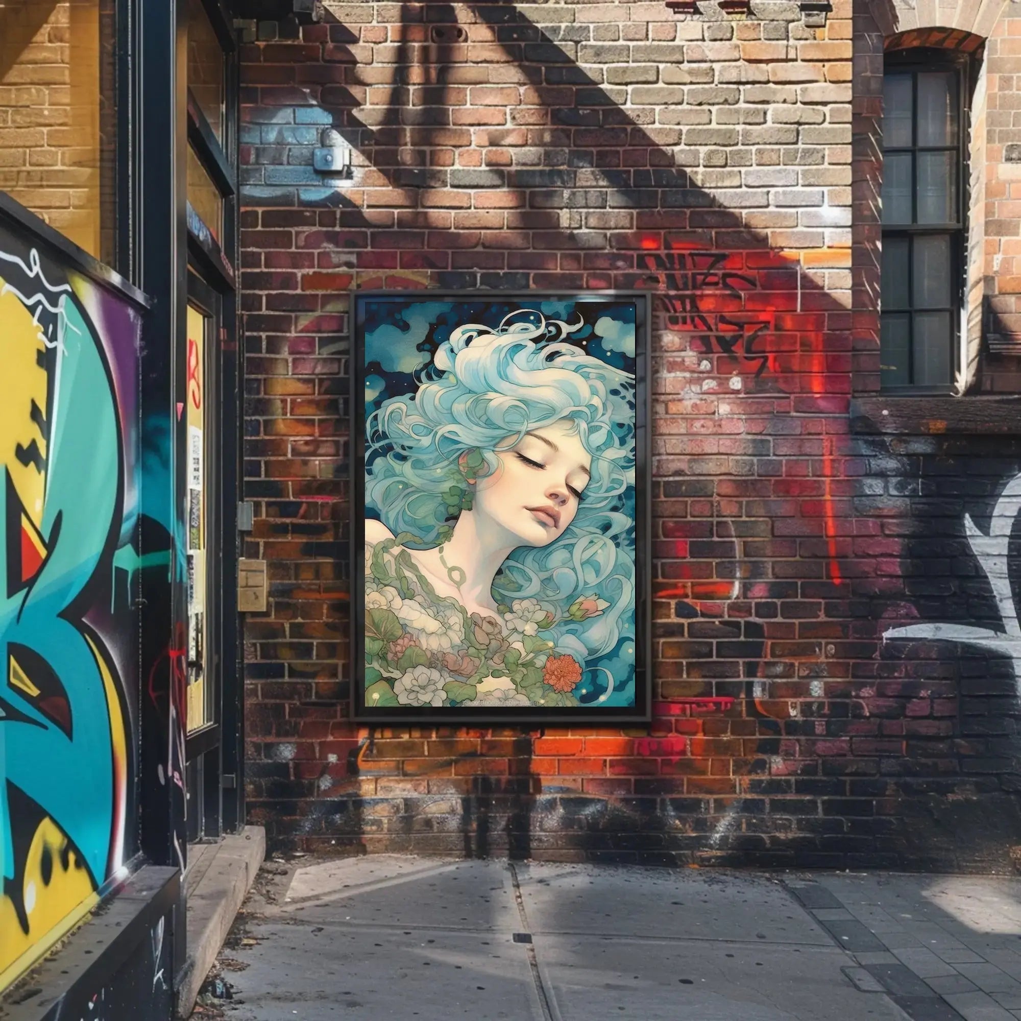 Ethereal Blue-Haired Woman Art Nouveau Fantasy Poster PosterGoat
