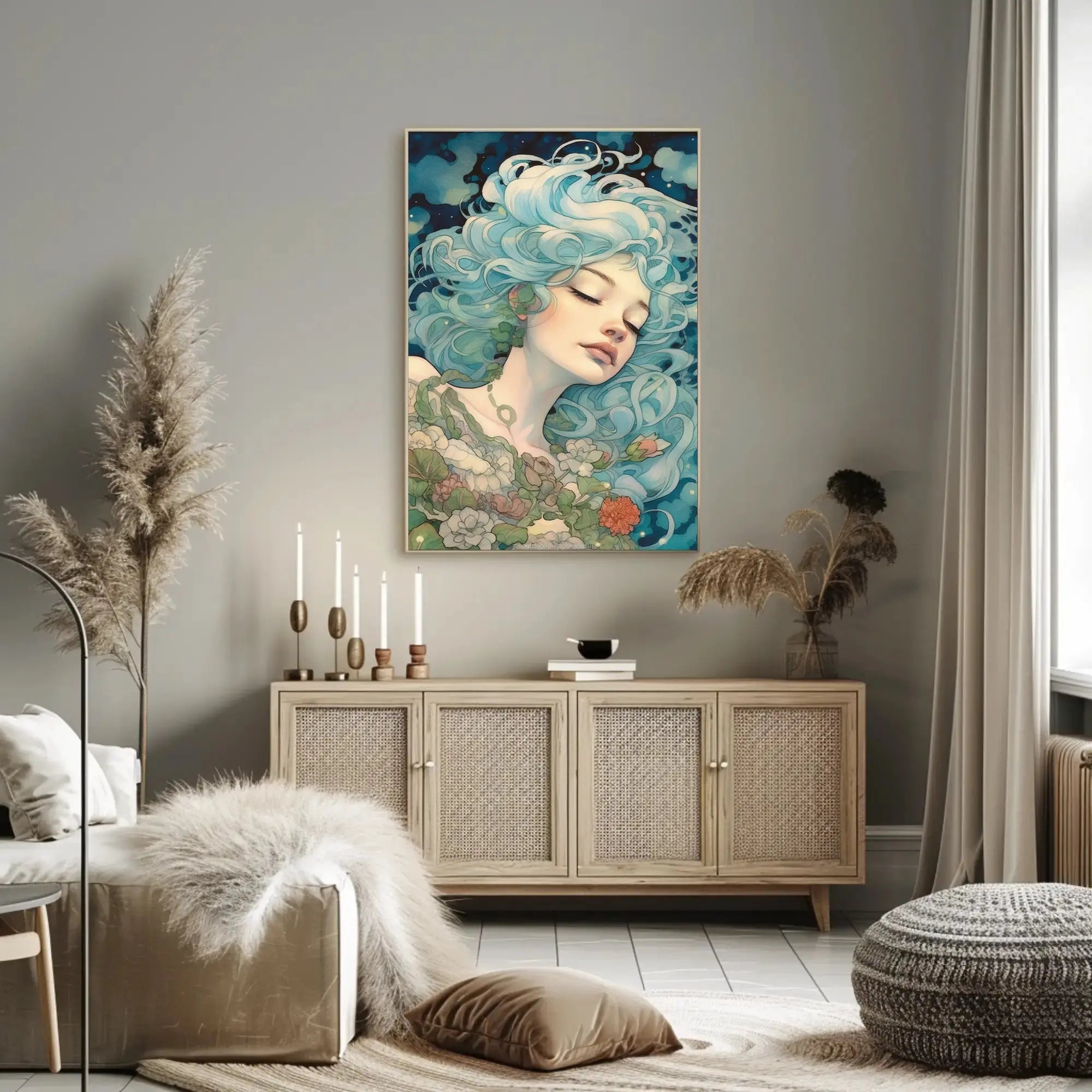 Ethereal Blue-Haired Woman Art Nouveau Fantasy Poster PosterGoat