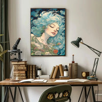 Ethereal Blue-Haired Woman Art Nouveau Fantasy Poster PosterGoat