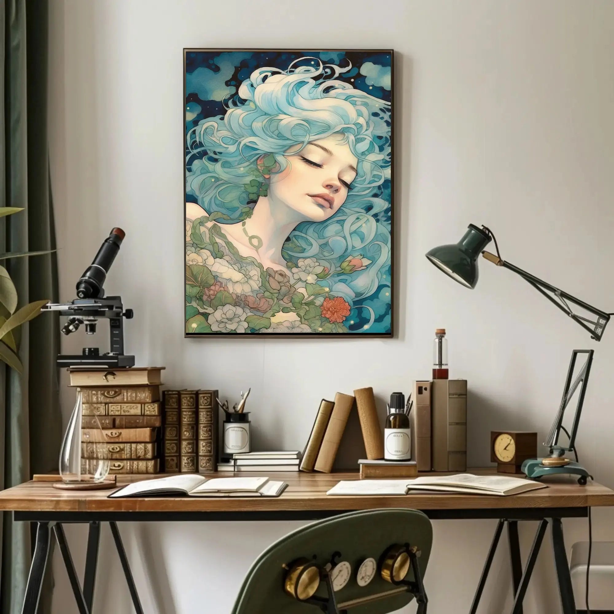 Ethereal Blue-Haired Woman Art Nouveau Fantasy Poster PosterGoat