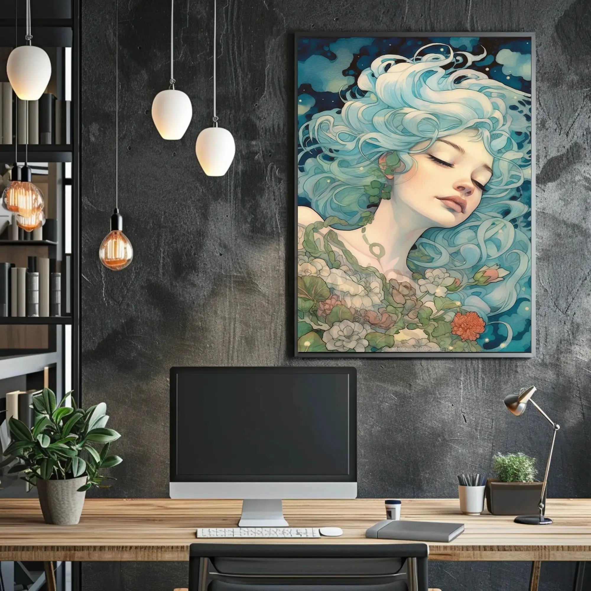 Ethereal Blue-Haired Woman Art Nouveau Fantasy Poster PosterGoat