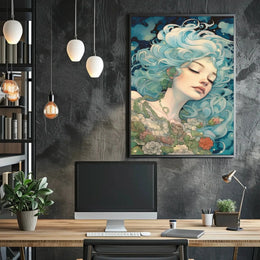 Ethereal Blue-Haired Woman Art Nouveau Fantasy Poster PosterGoat