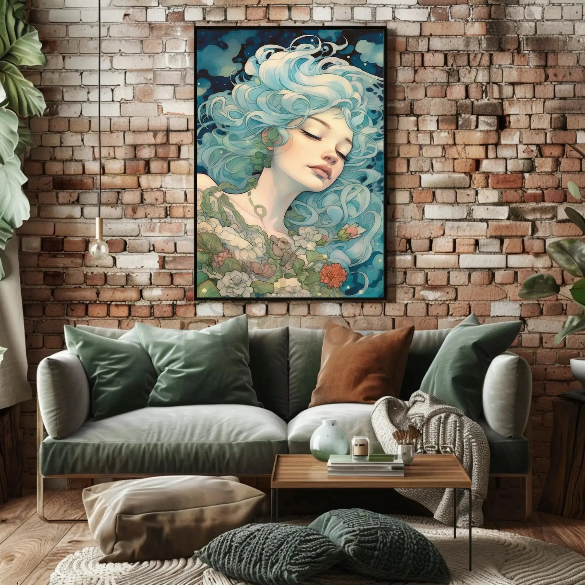 Ethereal Blue-Haired Woman Art Nouveau Fantasy Poster PosterGoat