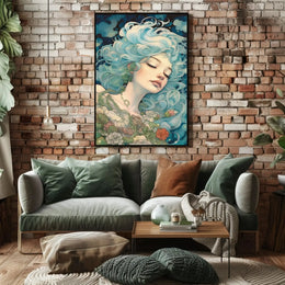 Ethereal Blue-Haired Woman Art Nouveau Fantasy Poster PosterGoat