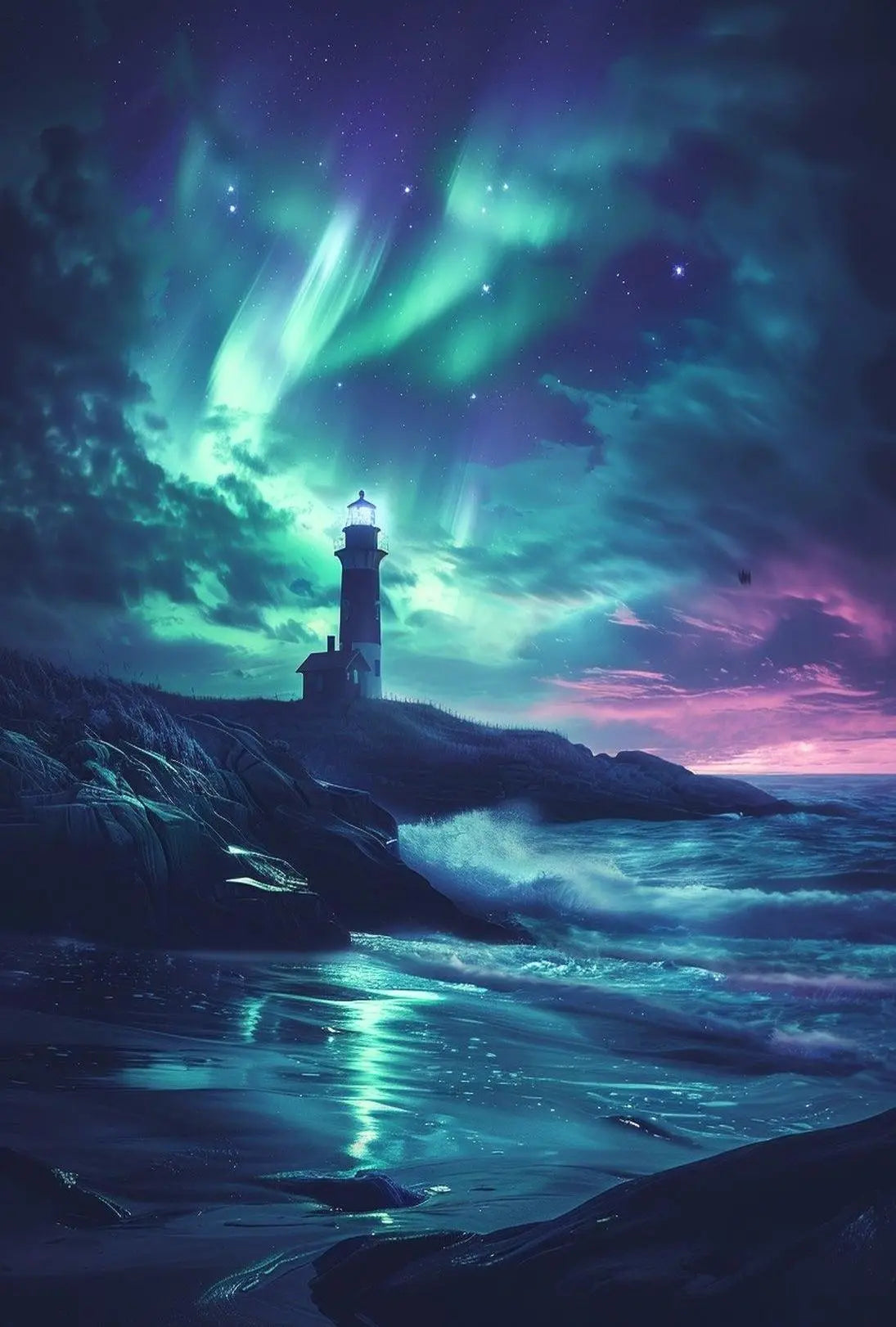 Ethereal Night Sky Coastal Scene Artistic Poster PosterGoat