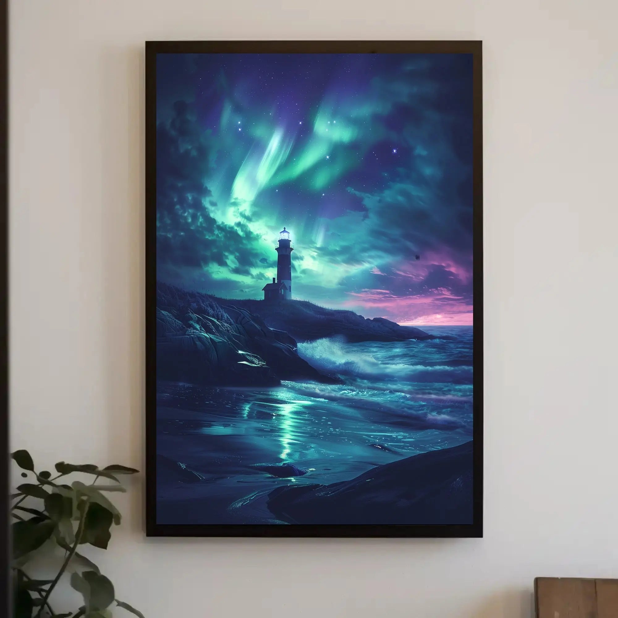 Ethereal Night Sky Coastal Scene Artistic Poster PosterGoat