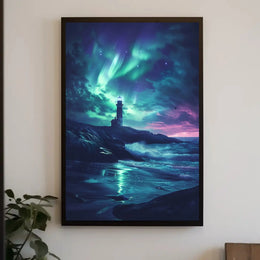 Ethereal Night Sky Coastal Scene Artistic Poster PosterGoat