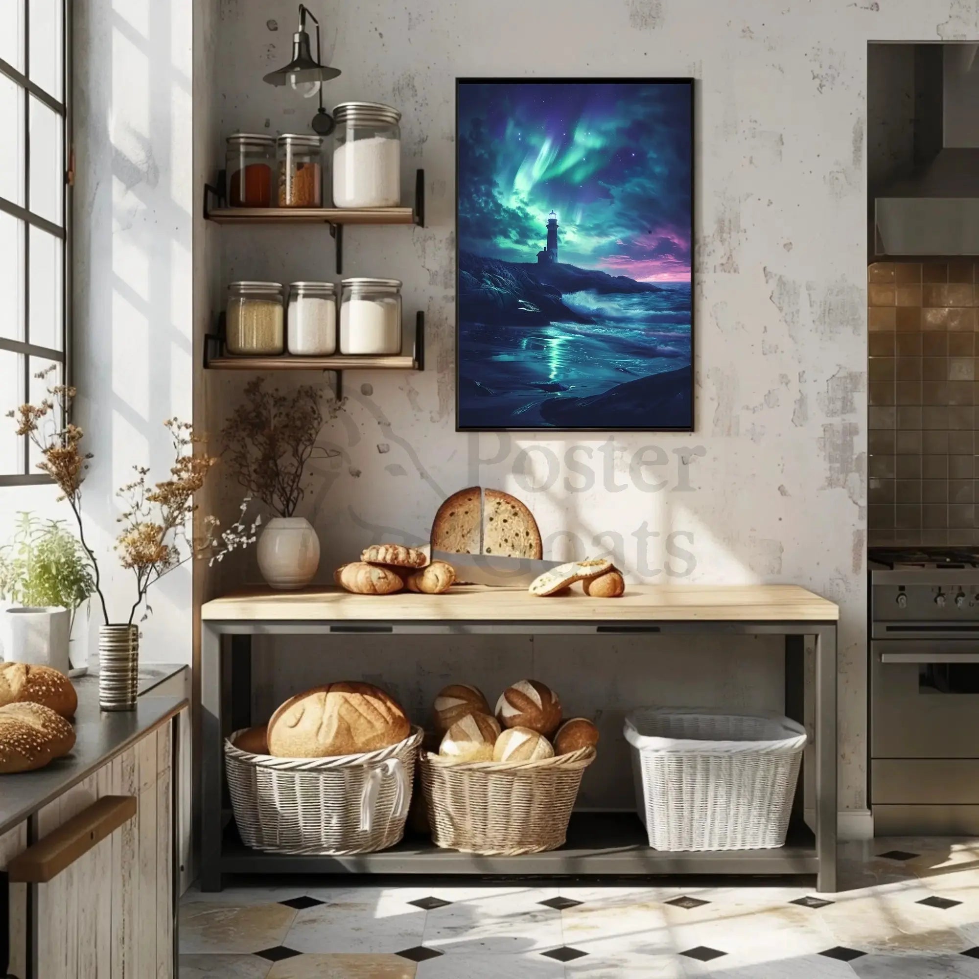 Ethereal Night Sky Coastal Scene Artistic Poster PosterGoat