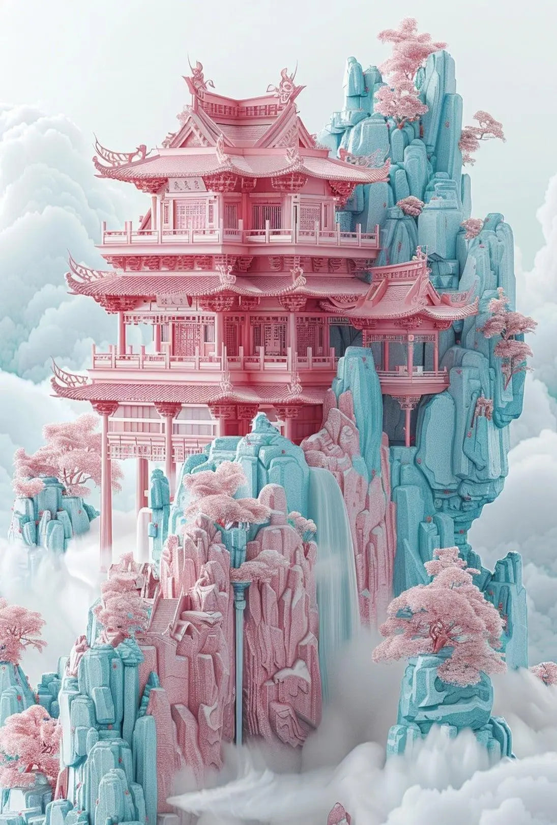 Ethereal Tranquility Fantasy Pagoda Artistic Poster PosterGoat