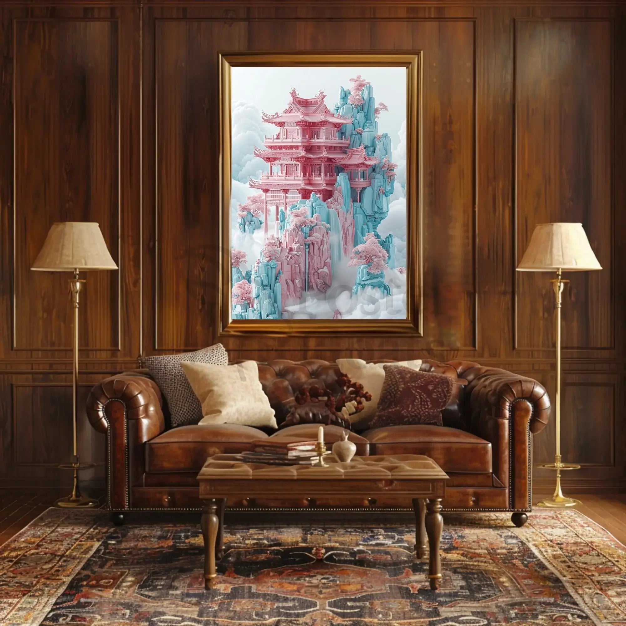 Ethereal Tranquility Fantasy Pagoda Artistic Poster PosterGoat