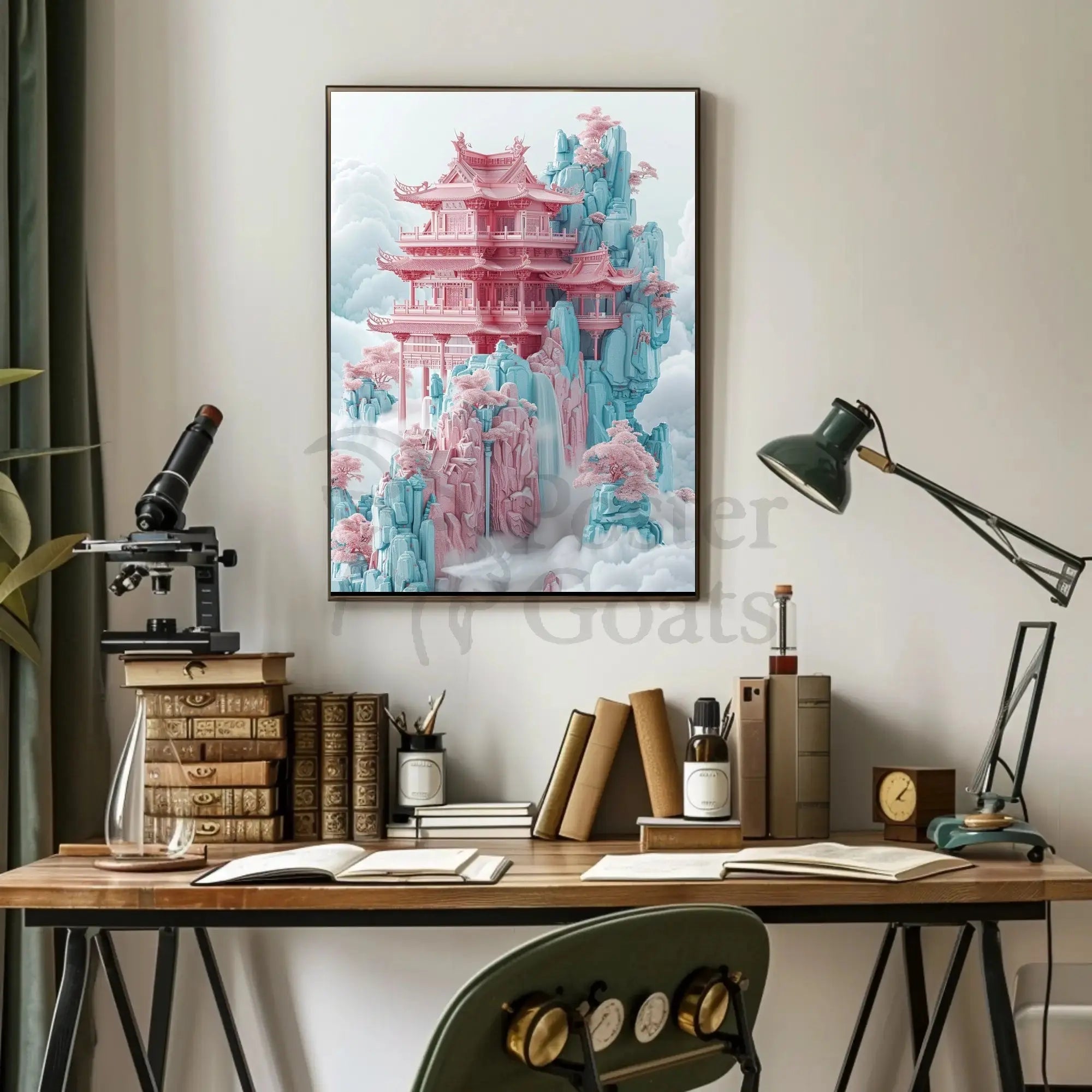 Ethereal Tranquility Fantasy Pagoda Artistic Poster PosterGoat