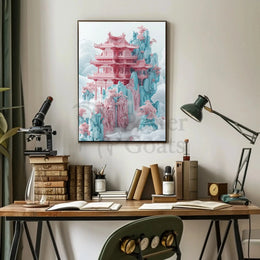 Ethereal Tranquility Fantasy Pagoda Artistic Poster PosterGoat