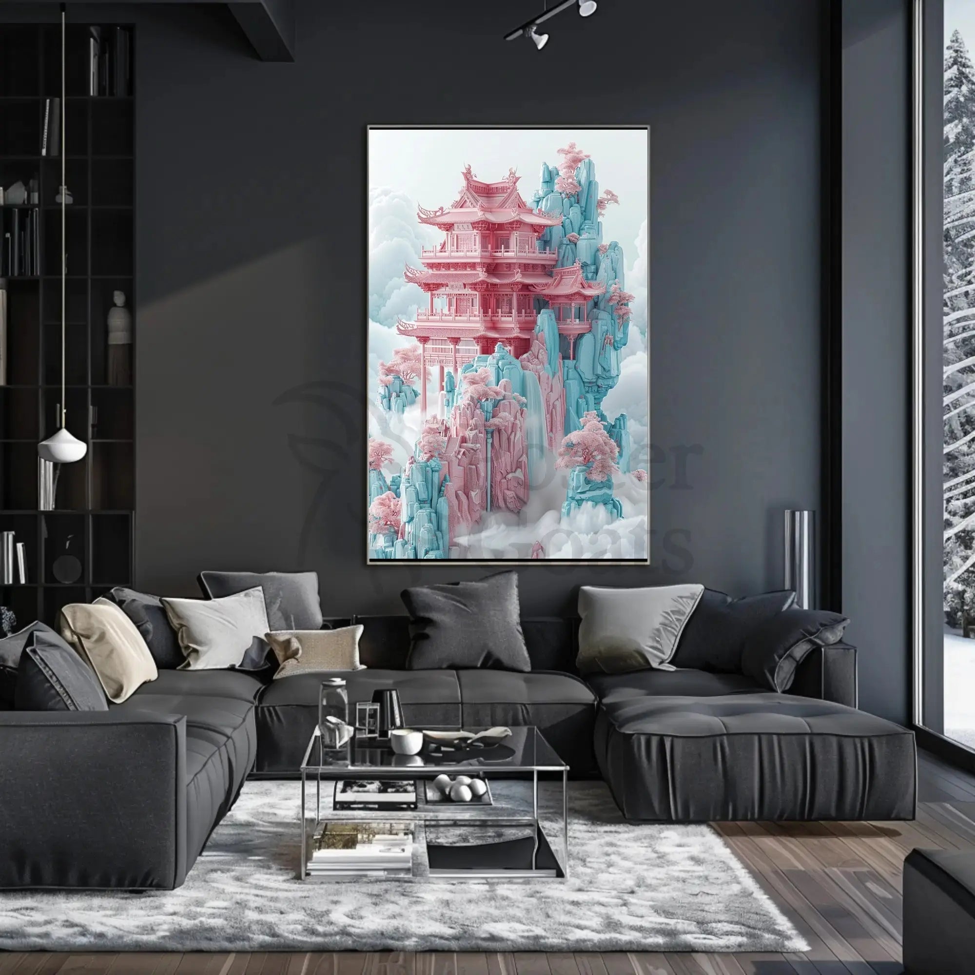 Ethereal Tranquility Fantasy Pagoda Artistic Poster PosterGoat