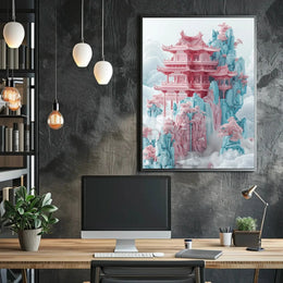 Ethereal Tranquility Fantasy Pagoda Artistic Poster PosterGoat