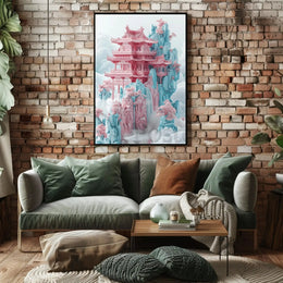 Ethereal Tranquility Fantasy Pagoda Artistic Poster PosterGoat
