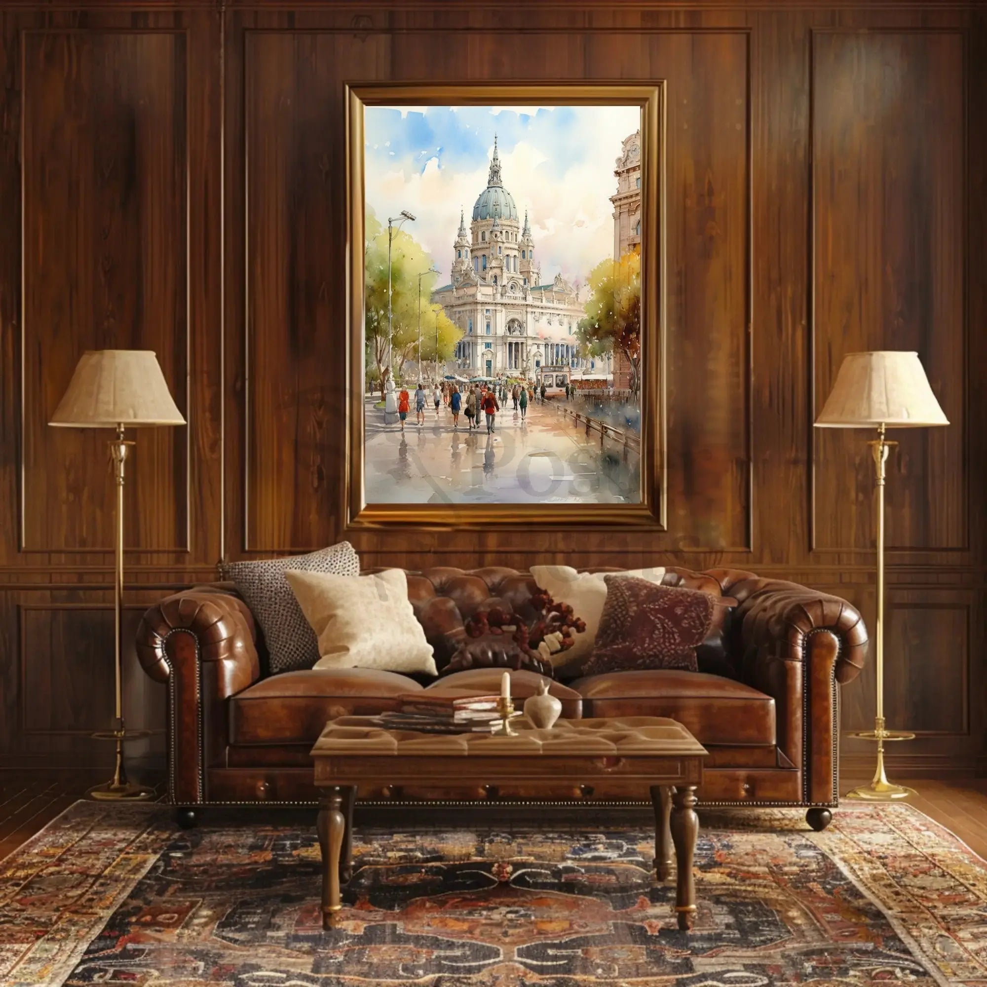 European Architectural Scene Captured in Artistic Watercolor Poster PosterGoat