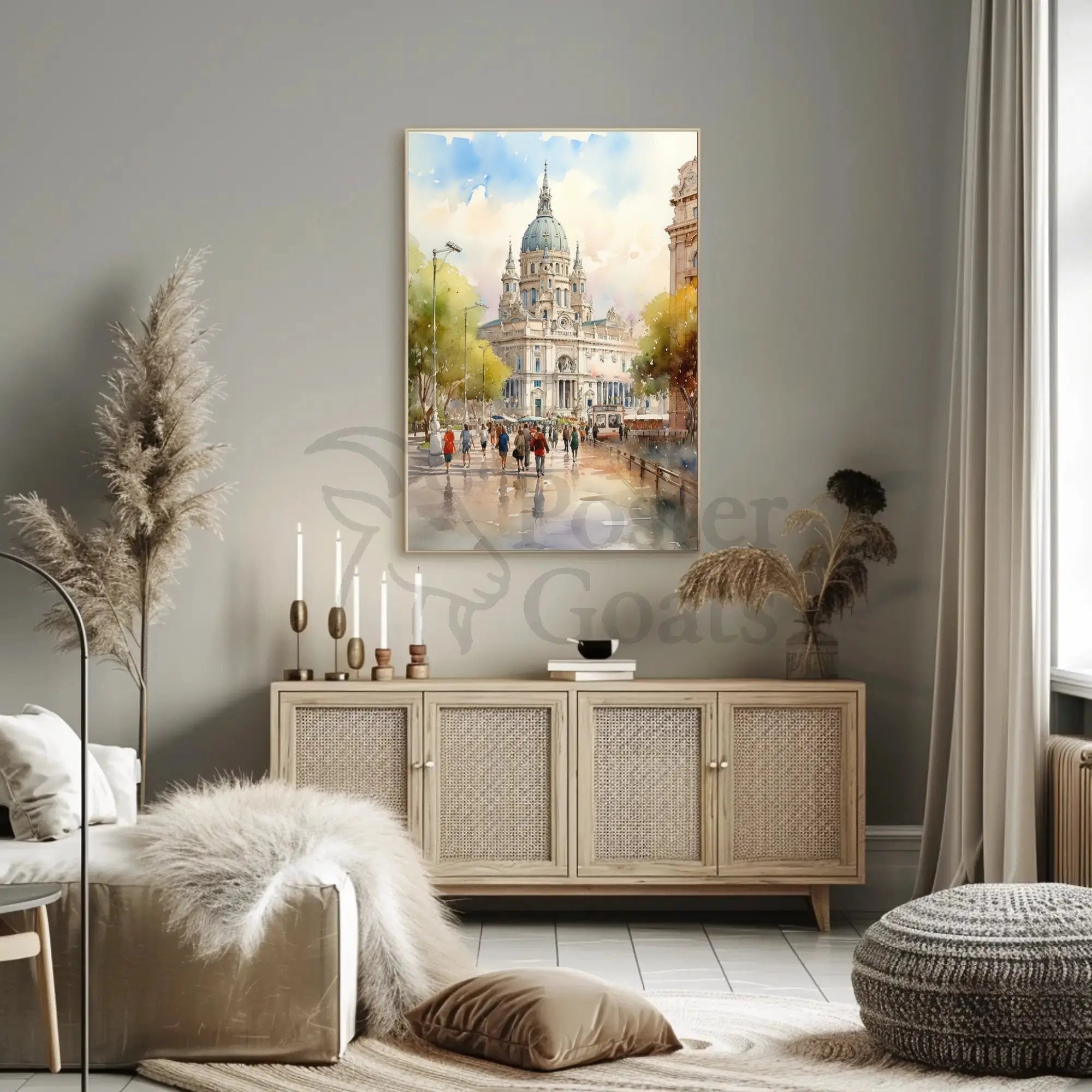 European Architectural Scene Captured in Artistic Watercolor Poster PosterGoat