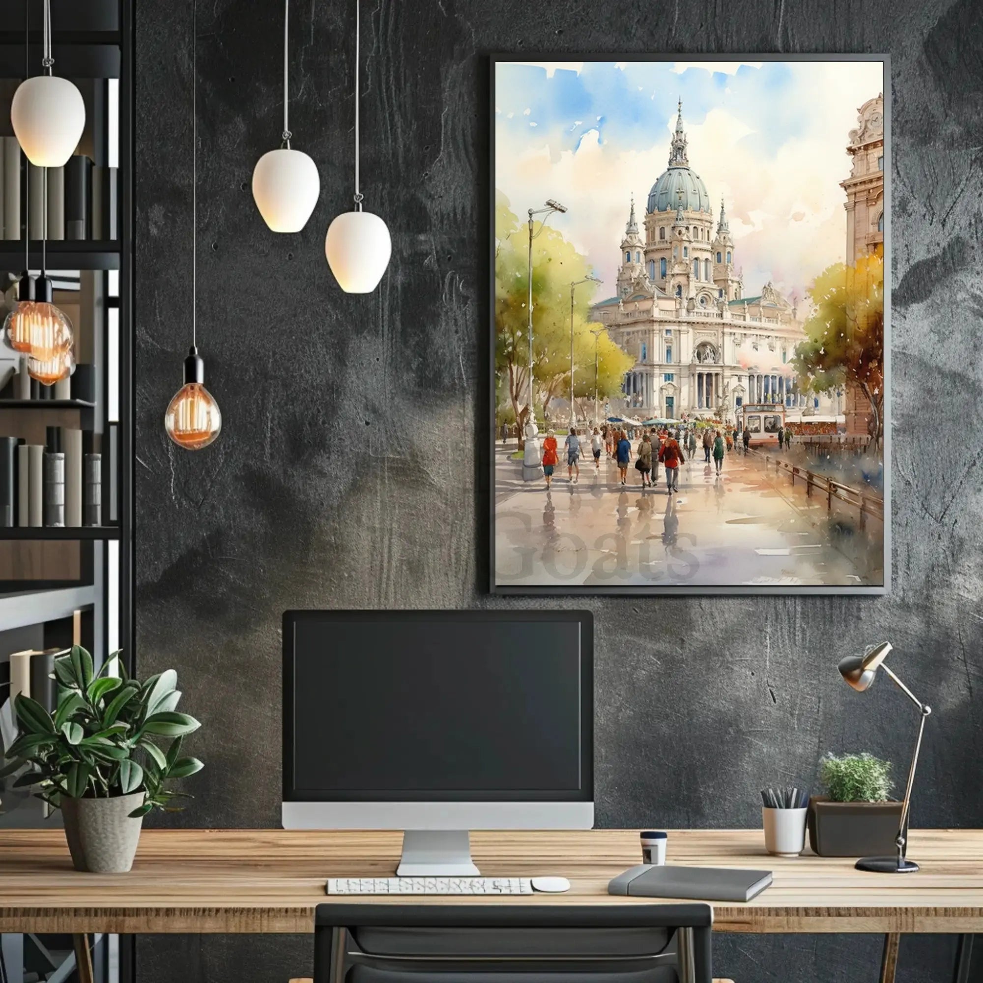 European Architectural Scene Captured in Artistic Watercolor Poster PosterGoat