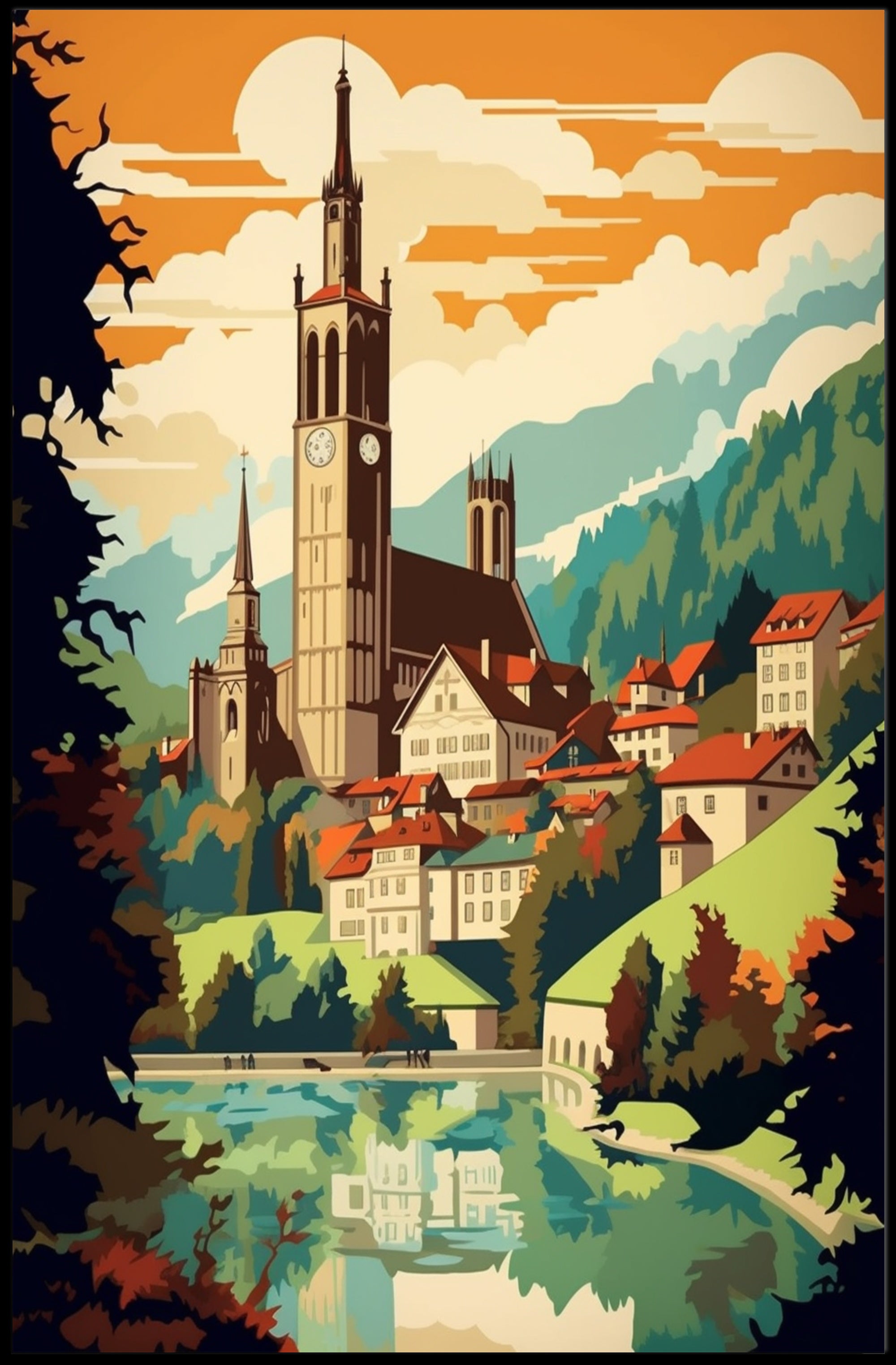 European Village Scenic Artwork Travel Poster PosterGoat