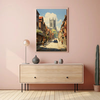 European Vintage Scene with Gothic Cathedral Urban or Cityscape Poster PosterGoat