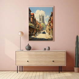 European Vintage Scene with Gothic Cathedral Urban or Cityscape Poster PosterGoat