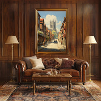 European Vintage Scene with Gothic Cathedral Urban or Cityscape Poster PosterGoat