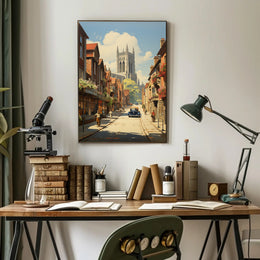 European Vintage Scene with Gothic Cathedral Urban or Cityscape Poster PosterGoat