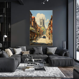 European Vintage Scene with Gothic Cathedral Urban or Cityscape Poster PosterGoat
