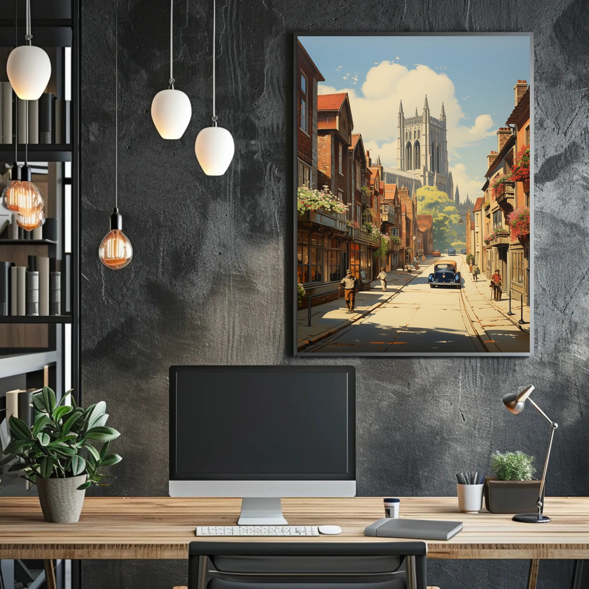 European Vintage Scene with Gothic Cathedral Urban or Cityscape Poster PosterGoat