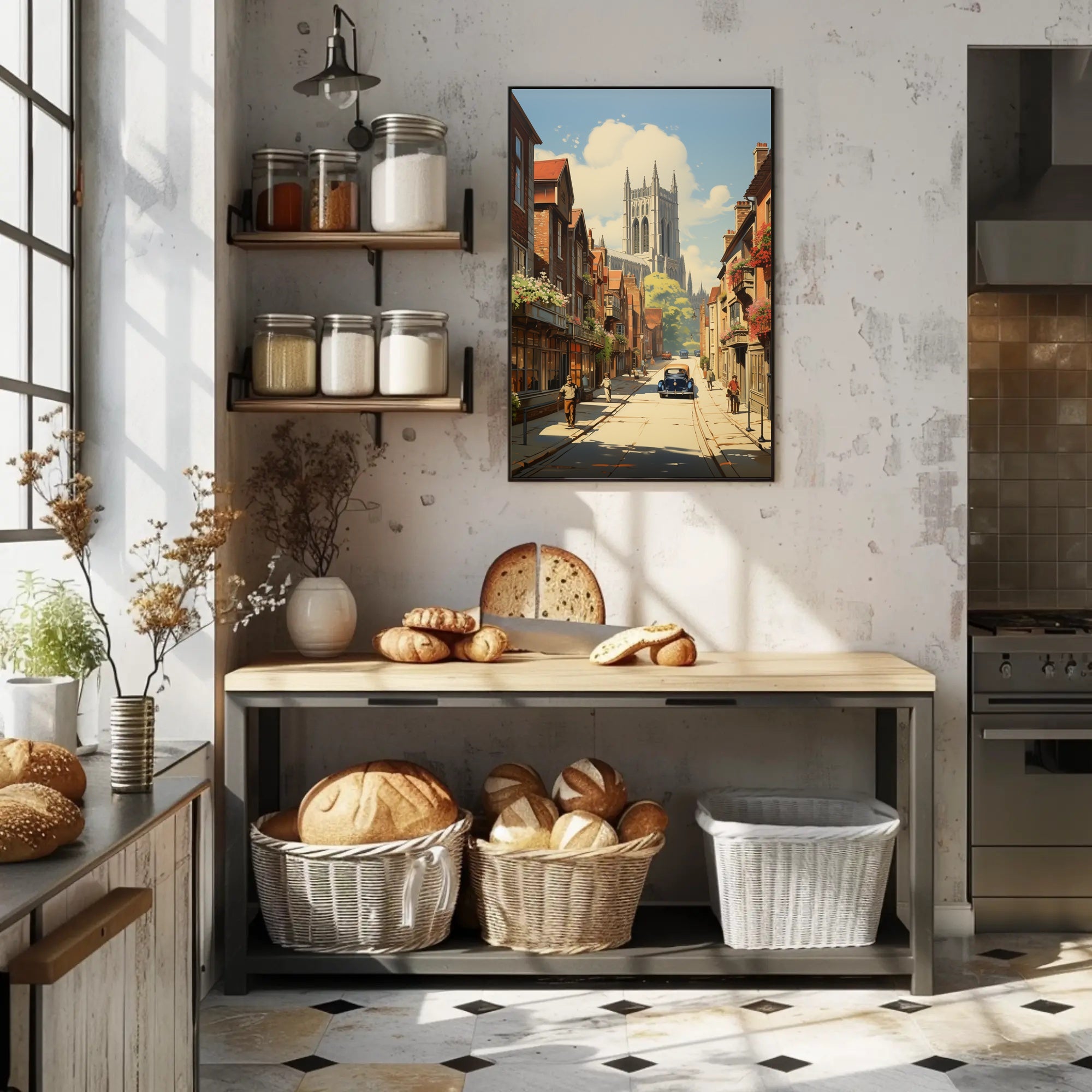 European Vintage Scene with Gothic Cathedral Urban or Cityscape Poster PosterGoat