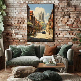 European Vintage Scene with Gothic Cathedral Urban or Cityscape Poster PosterGoat