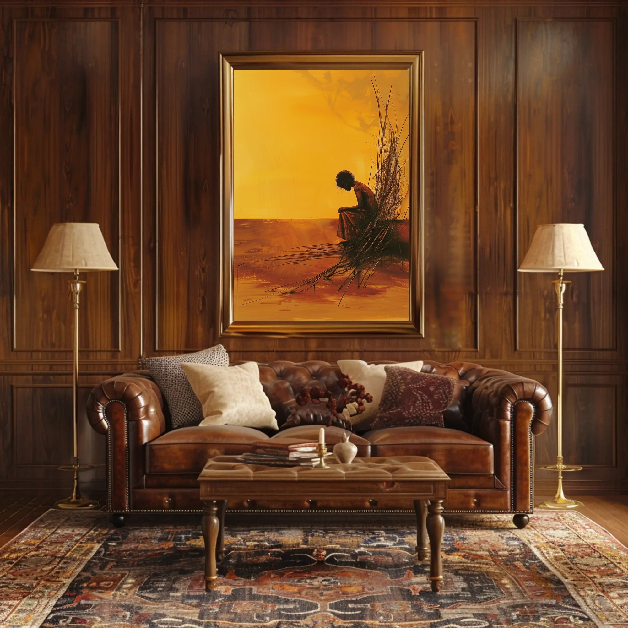 Evocative Solitary Figure Against Abstract Orange Horizon Poster PosterGoat