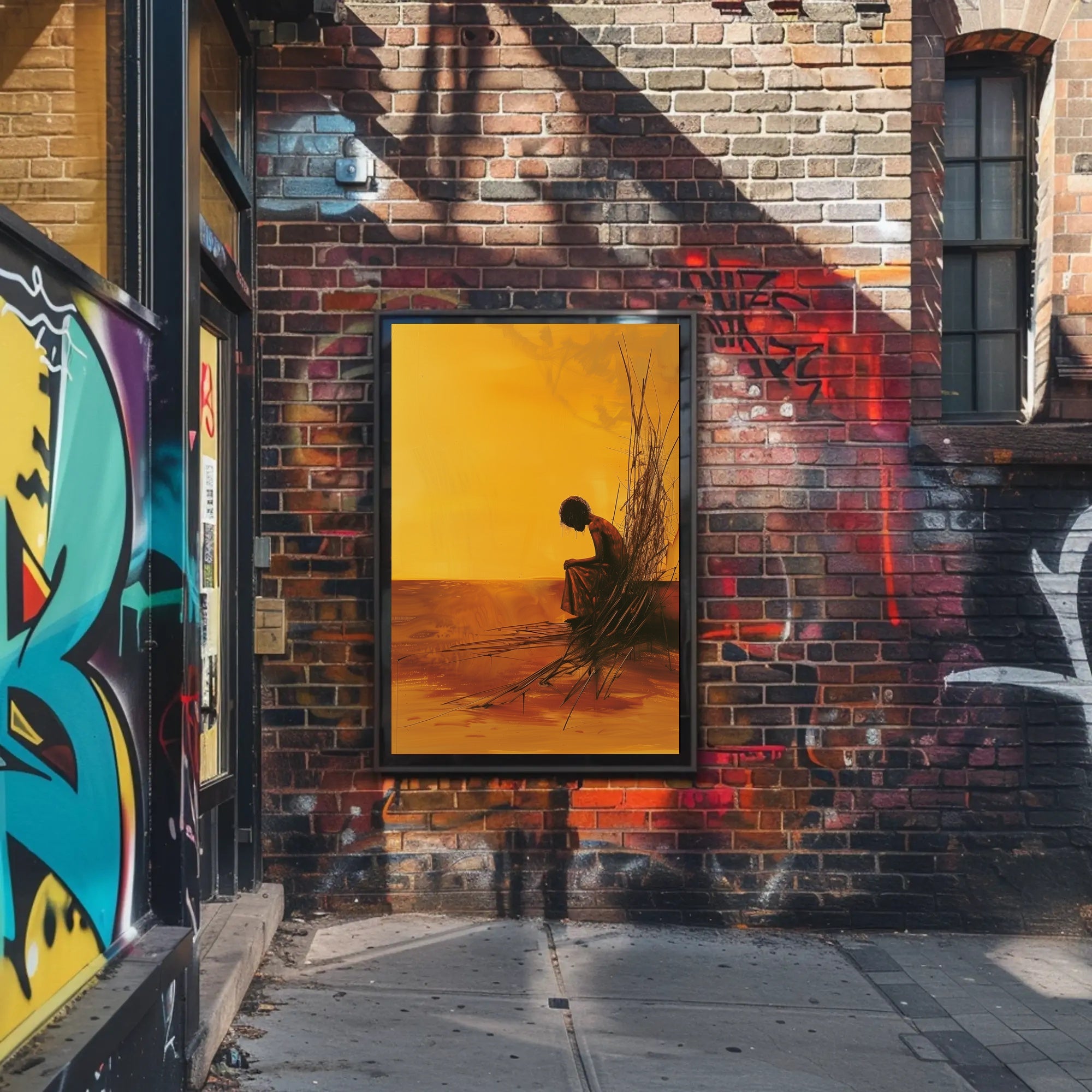 Evocative Solitary Figure Against Abstract Orange Horizon Poster PosterGoat