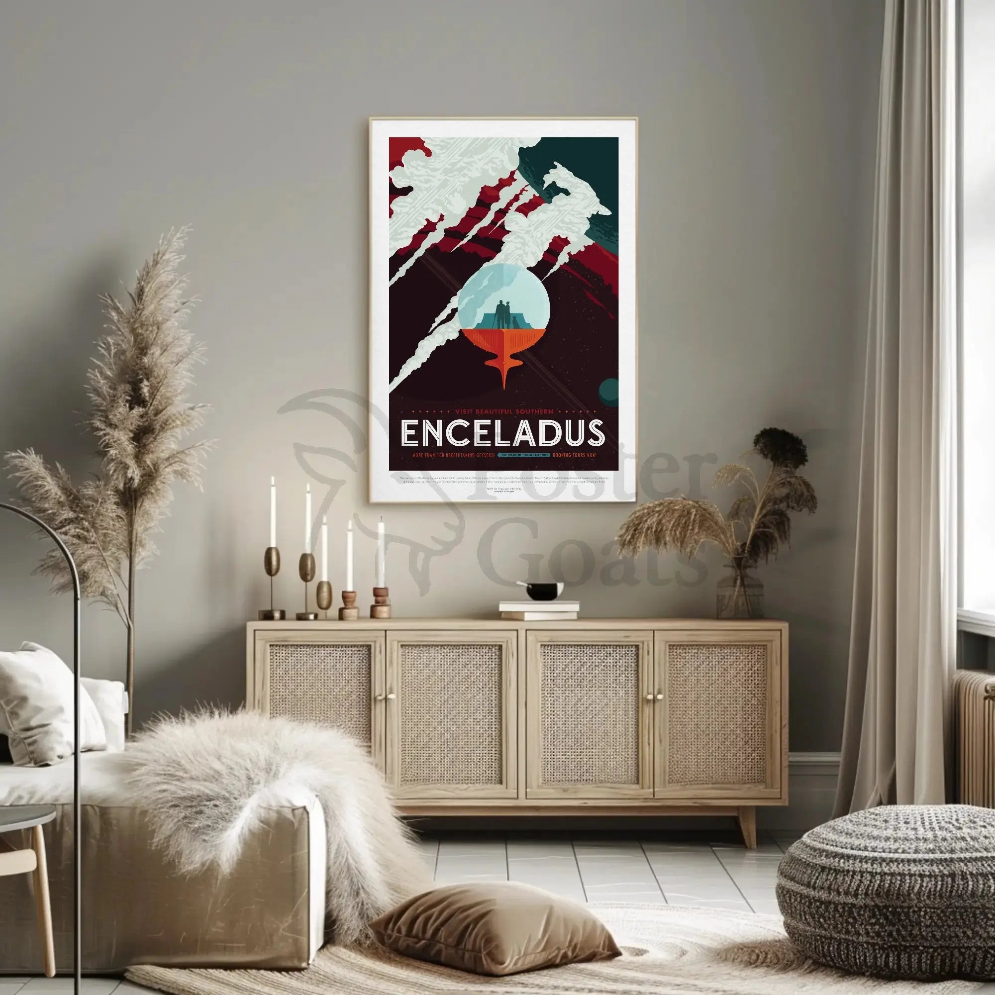 Exploration Awaits on Saturn's Moon Futuristic Sci-Fi Poster PosterGoat