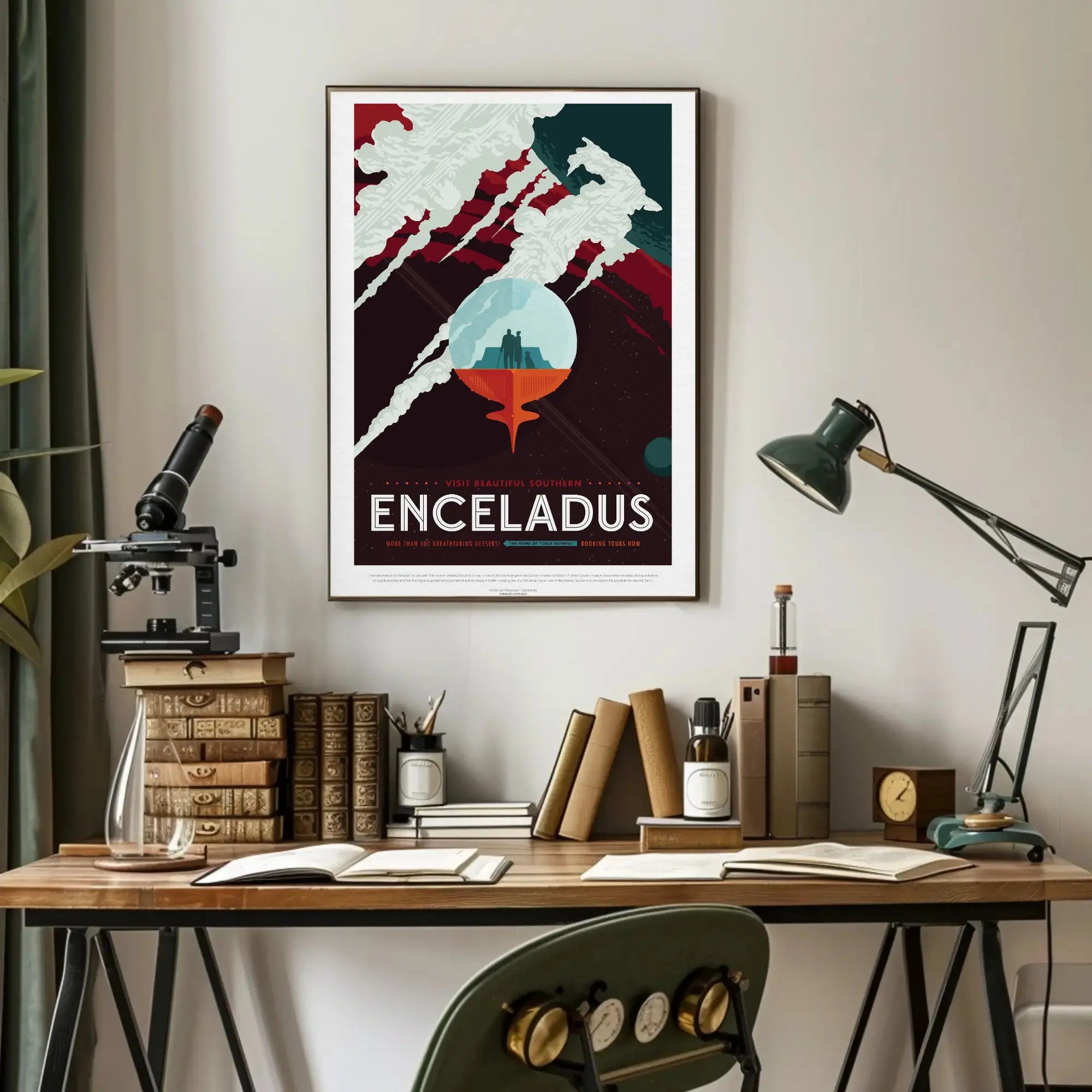 Exploration Awaits on Saturn's Moon Futuristic Sci-Fi Poster PosterGoat