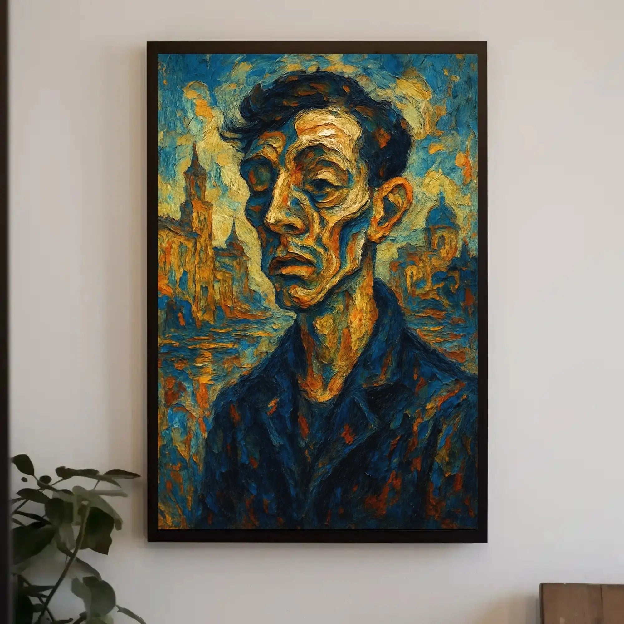 Expressionist Urban Portrait with Dynamic Swirling Hues Poster PosterGoat