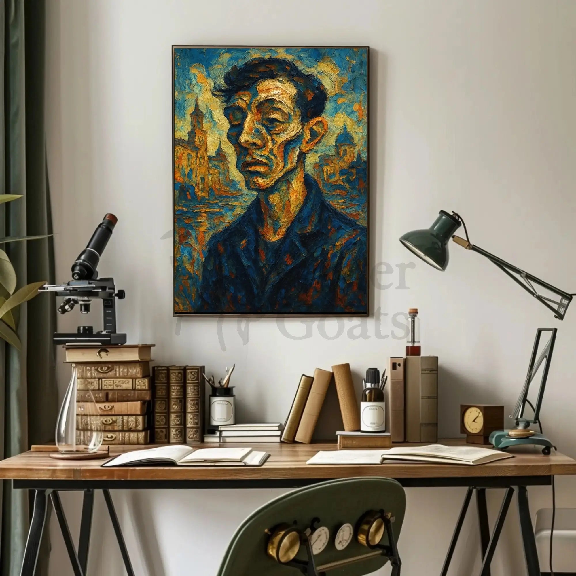 Expressionist Urban Portrait with Dynamic Swirling Hues Poster PosterGoat