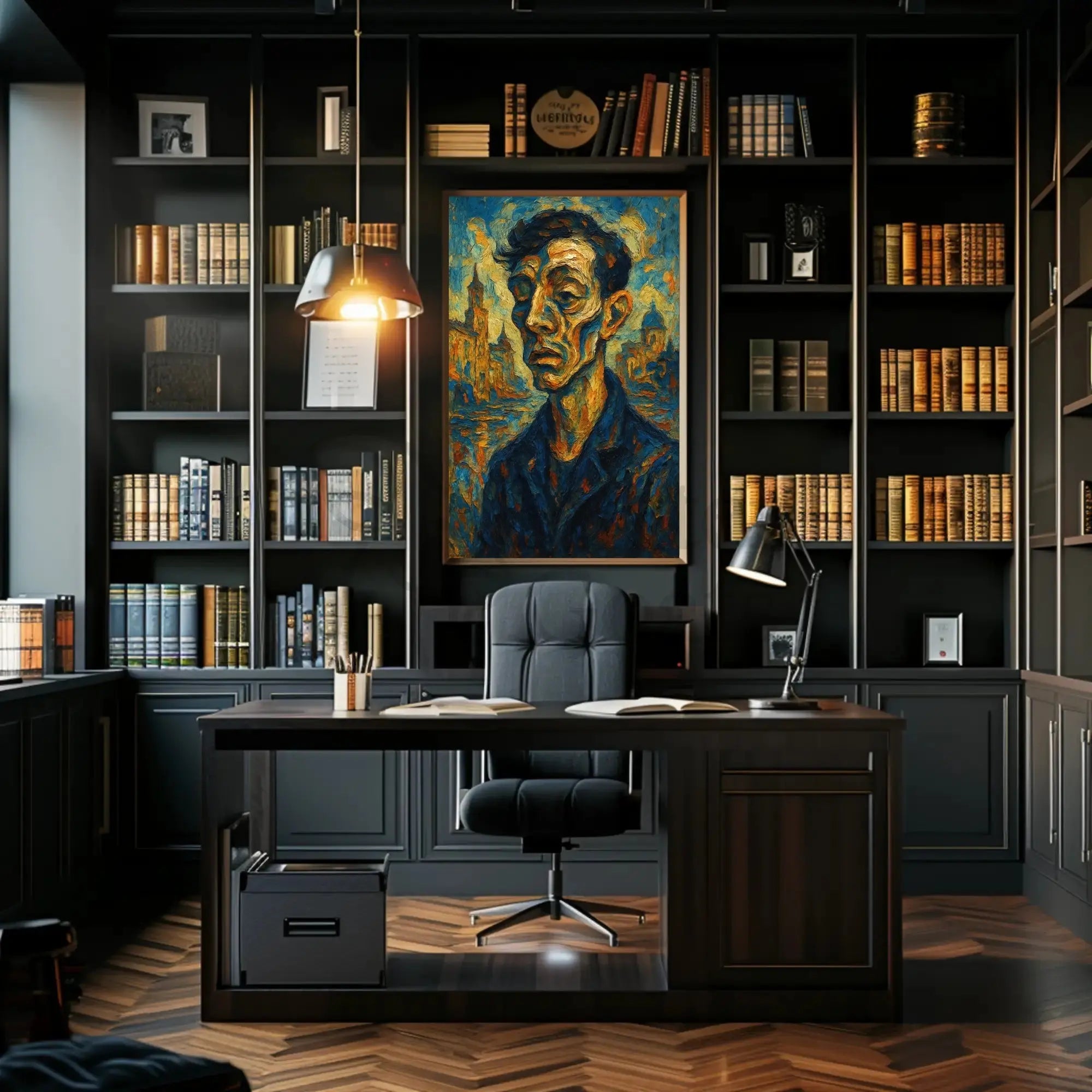 Expressionist Urban Portrait with Dynamic Swirling Hues Poster PosterGoat